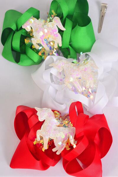 Hair Bow Jumbo Christmas Iridescent Center Unicorn Charm Grosgrain Bow-tie / 12 pcs Bow = Dozen  Christmas , Alligator Clip , Bow - 6" x 5" Wide , 4 Of each Pattern Asst , Clip Strip & UPC Code