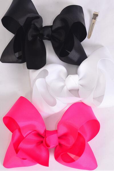 Hair Bow Jumbo Black White Fuchsia Color Mix Grosgrain Bow-tie / 12 pcs = Dozen Alligator Clip , Size - 6" x 5" Wide , 4 Black 4 White , 4 Fuchsia Color Asst , Clip Strip & UPC Code . 