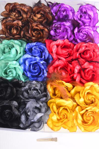 Flowers 24 pcs Glitter Rose & Feathers Mix Dark Multi / 24 pcs Flower = Dozen Alligator Clip , Size - 2.75" Wide , 2 Brown , 2 Purple , 2 Red ,2 Gold ,1 Blue , 1 Black , 1 Gray , 1 Green Color Asst