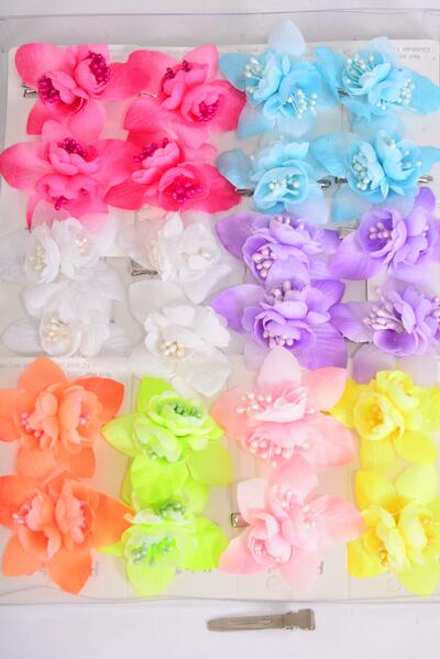 Flowers 24 pcs 2 tone Flowers Caribbean Neon / 24 pcs Flower = Dozen Alligator Clip , Flower Size - 2.5" Wide , 2 Fuchsia , 2 Blue , 2 Lavender , 2 White , 1 Yellow , 1 Lime , 1 Pink , 1 Orange Mix