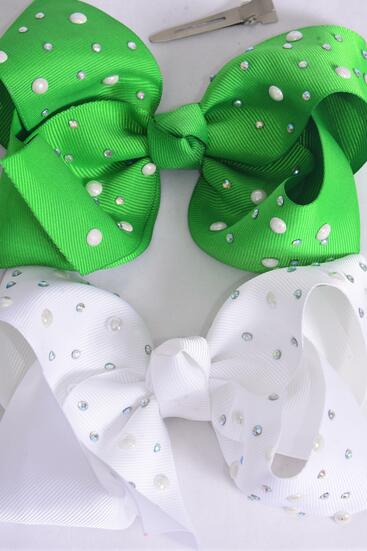 Hair Bow Jumbo Iridescent Pearl Studded Grosgrain Bow-tie Green White Color Mix / 12 pcs Bow = Dozen Alligator Clip , Size - 6" x 5" Wide , 6 White , 6 Green Color Asst , Clip Strip & UPC Code