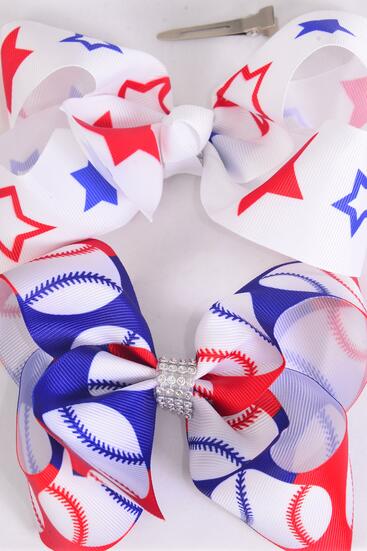 Hair Bow Jumbo Patriotic Baseball Star Pattern Mix Grosgrain Bow-tie / 12 pcs Bow = Dozen Alligator Clip , Bow - 6" x 5" Wide , 6 of each Pattern Asst , Clip Strip & UPC Code