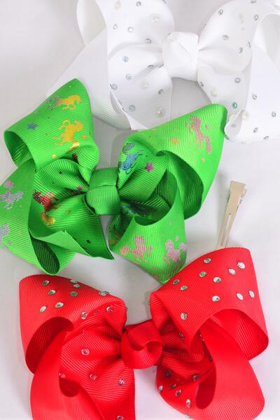 Hair Bow Jumbo Metallic Unicorn Studded Asst Grosgrain Bow-tie / 12 pcs Bow = Dozen  Christmas , Alligator Clip ,  Size - 6" x 5" Wide , 4 Of Each Pattern Asst , Clip Strip & UPC Code