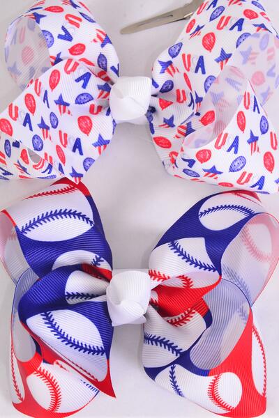 Hair Bow Jumbo Patriotic Baseball USA Pattern Mix Grosgrain Bow-tie / 12 pcs Bow = Dozen Alligator Clip , Bow - 6" x 5" Wide , 6 of each Pattern Asst , Clip Strip & UPC Code