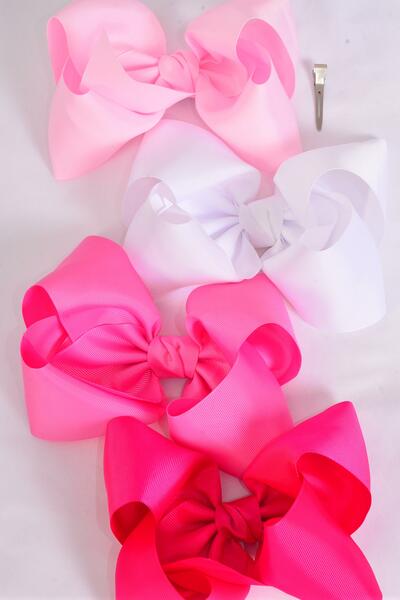 Hair Bow Extra Jumbo Cheer Type Bow Pink Mix Grosgrain Bow-tie / 12 pcs Bow = Dozen  Alligator Clip , Size - 8" x 7" Wide , 3 White , 3 Baby Pink , 3 Hot Pink , 3 Fuchsia Asst , Clip Strip & UPC Code