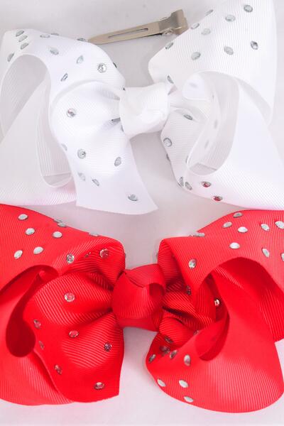 Hair Bow Jumbo Iridescent Clear Studded Grosgrain Bow-tie Red White Color Mix / 12 pcs Bow = Dozen Alligator Clip , Size - 6" x 5" Wide , 6 White , 6 Red Color Asst , Clip Strip & UPC Code