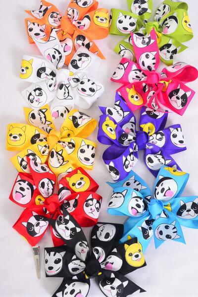 Hair Bow Jumbo Cute Pets Mix Multi Grosgrain Bow-tie / 12 pcs Bow = Dozen  Alligator Clip , Size - 6" x 5" , 2 White , 2 Bk , 2 Fuchsia , 1 Yellow , 1 Blue , 1 Rd , 1 Purple , 1 Lime , 1 Orange Mix , Clip Strip & UPC Code