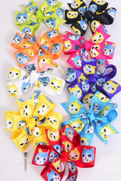 Hair Bow Jumbo Cute Pets Mix Multi Grosgrain Bow-tie / 12 pcs Bow = Dozen  Alligator Clip , Size - 6" x 5" Wide , 2 White ,2 Black ,2 Fuchsia ,1 Yellow ,1 Blue ,1 Red ,1 Purple ,1 Lime ,1 Orange Mix ,Clip Strip & UPC Code