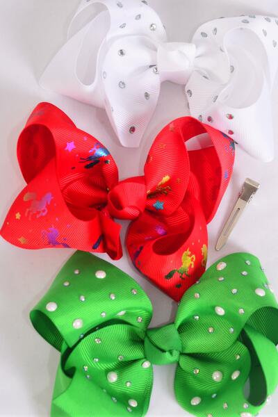 Hair Bow Jumbo Christmas Metallic Unicorn Studded Grosgrain Bow-tie / 12 pcs Bow = Dozen Christmas , Alligator Clip , Size - 6" x 5", 4 Of Each Pattern Asst , Clip Strip & UPC Code