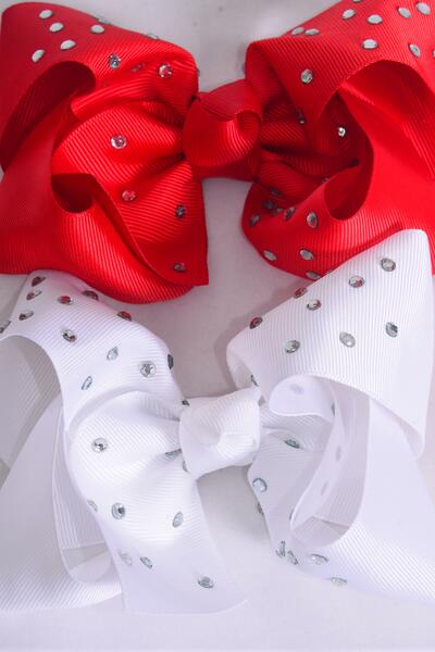 Hair Bow Jumbo Iridescent Clear Studded Grosgrain Bow-tie Red White Color Mix / 12 pcs Bow = Dozen Alligator Clip , Size - 6" x 5" Wide , 6 White , 6 Red Color Asst , Clip Strip & UPC Code