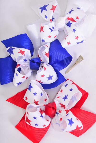 Hair Bow Jumbo Double Layered Patriotic Stars Grosgrain Bow-tie / 12 pcs Bow = Dozen Alligator Clip , Size - 6" x 5" Wide , 4 of each Pattern Asst , Clip Strip & UPC Code