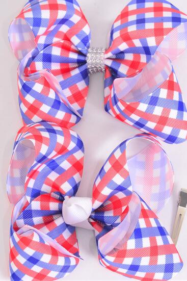 Hair Bow Jumbo Plaid Grosgrain Bow-tie / 12 pcs Bow = Dozen Alligator Clip , Bow - 6" x 5" Wide , Clip Strip and UPC Code