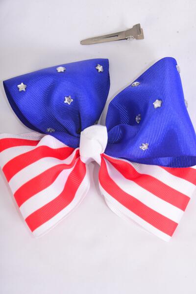 Hair Bow Jumbo Patriotic Studded Stripe Stars Mix Grosgrain Bow-tie / 12 pcs Bow = Dozen Alligator Clip , Bow - 6" x 5" Wide , Clip Strip & UPC Code