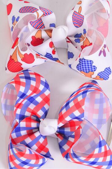 Hair Bow Jumbo Patriotic Plaid Treat ice Cream Popcicle Pattern Mix Grosgrain Bow-tie / 12 pcs BTreats ow = Dozen Alligator Clip , Bow - 6" x 5" Wide , 6 Of Each Pattern Asst , Clip Strip and UPC Code