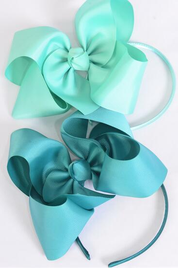 Headband Horseshoe Jumbo Green Mix Grosgrain Bow-tie / 12 pcs = Dozen Bow Size - 6" x 5" Wide , 6 Aqua , 6 Caribbean Green Color Asst , Display Card & UPC Code , Clear Box