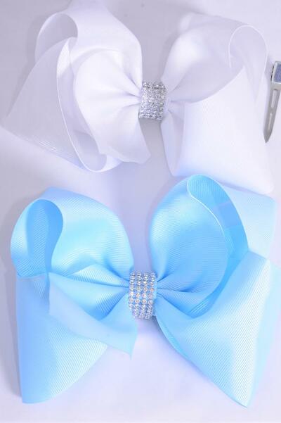 Hair Bow Jumbo Center Clear Stones Sky Blue White Mix Grosgrain Bow-tie / 12 pcs Bow = Dozen  Size - 6" x 5" Wide , Alligator Clip , 6 of Each Pattern Asst , Clip Strip & UPC Code 