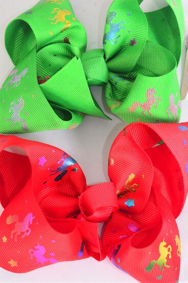 Hair Bow Jumbo Christmas Rainbow Metallic Unicorns Grosgrain Bow-ti / 12 pcs Bow = Dozen Christmas , Alligator Clip, Size - 6" x 5" Wide , 6 Of Each Color Asst , Clip Strip & UPC Code