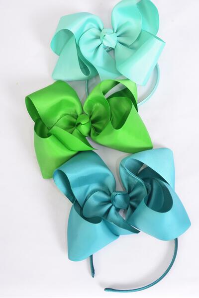 Headband Horseshoe Jumbo Green Mix Grosgrain Bow-tie / 12 pcs = Dozen Bow Size - 6" x 5" Wide , 4 Mint Green , 4 Classic Green , 4 Teal Green Color Asst , Display Card & UPC Code , Clear Box