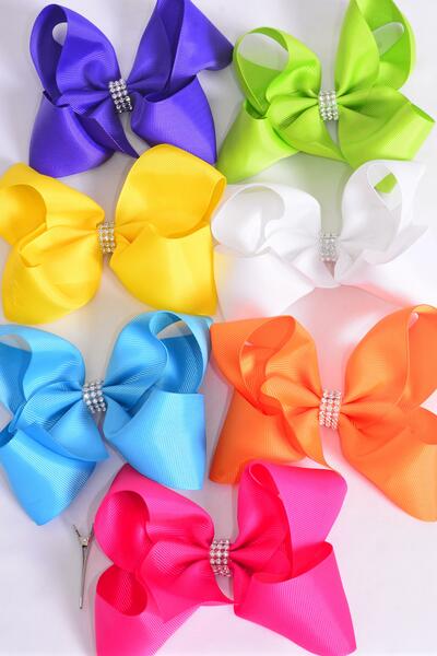 Hair Bow Jumbo Center Clear Stones Citrus Grosgrain Bow-tie / 12 pcs Bow = Dozen   Alligator Clip , Size - 6" x 5" Wide , 2 Fuchsia , 2 Blue , 2 Yellow , 2 Purple , 2 White , 1 Lime , 1 Orange Color Asst , Clip Strip & UPC Cod