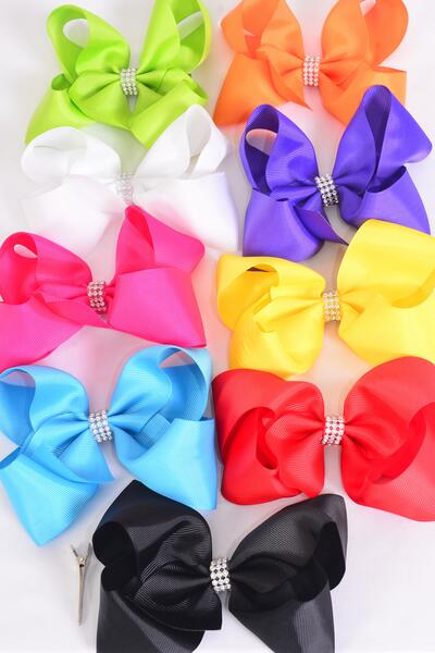 Hair Bow Jumbo Center Clear Stones Multi Grosgrain Bow-tie / 12 pcs Bow = Dozen Alligator Clip , Size - 6" x 5" Wide , 2 White , 2 Black , 2 Fuchsia , 1 Yellow , 1 Blue , 1 Red , 1 Purple, 1 Lime, 1 Orange Color Mix 