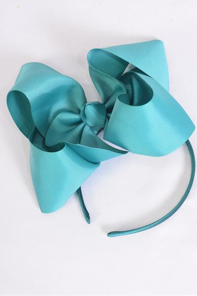 Headband Horseshoe Jumbo Jade Green Grosgrain Bow-tie / 12 pcs = Dozen Jade Green , Bow Size - 6" x 5" Wide , Hang Tag & UPC Code , Clear Box