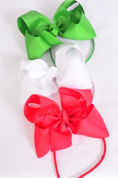 Headband Horseshoe Jumbo Red White Green Color Mix Grosgrain Bow-tie / 12 pcs = Dozen Bow Size - 6" x 5", 4 Red , 4 White , 4 Green Color Asst , Hang Tag & UPC Code , Clear Box