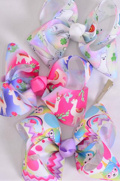 Hair Bow Jumbo Llama Grosgrain Bow-tie / 12 pcs Bow = Dozen Llama , Alligator Clip , Size - 6" x 5" Wide , 4 Of each Pattern Asst , Clip Strip & UPC Code