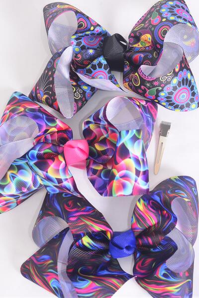 Hair Bow Jumbo Abstract Art Grosgrain Bow-tie / 12 pcs Bow = Dozen  Alligator Clip , Size - 6" x 5" Wide , 4 Of each Pattern Asst , Clip Strip & UPC Code