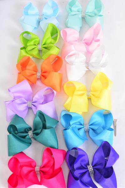 Hair Bow Jumbo Center Clear Stones Rainbow Mix Grosgrain Bow-tie / 12 pcs Bow = Dozen  Rainbow Color Mix , Alligator Clip , Bow - 6" x 5" Wide , 12 Color Asst , Clip Strip & UPC Code