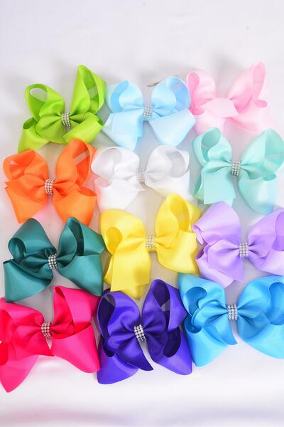 Hair Bow Jumbo Center Clear Stones Rainbow Mix Grosgrain Bow-tie / 12 pcs Bow = Dozen  Rainbow Color Mix , Alligator Clip , Bow - 6" x 5" Wide , 12 Color Asst , Clip Strip & UPC Code