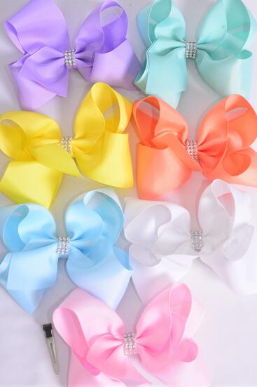 Hair Bow Jumbo Center Clear Stones Pastel Grosgrain Bow-tie / 12 pcs Bow = Dozen Alligator Clip , Size - 6" x 5" Wide , 2 White , 2 Baby Pink , 2 Blue , 2 Yellow , 2 Lavender , 1 Peach ,1 Mint Color Asst , Clip Strip & UPC Code