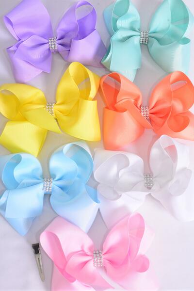 Hair Bow Jumbo Center Clear Stones Pastel Grosgrain Bow-tie / 12 pcs Bow = Dozen Alligator Clip , Size - 6" x 5" Wide , 2 White , 2 Baby Pink , 2 Blue , 2 Yellow , 2 Lavender , 1 Peach ,1 Mint Color Asst , Clip Strip & UPC Code