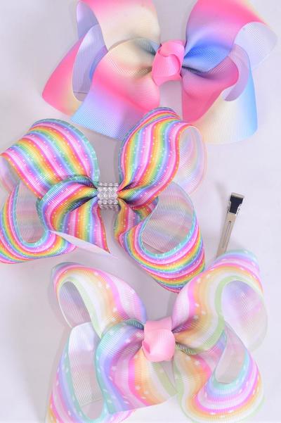 Hair Bow Jumbo Rainbow Star Tiedye Colors Grosgrain Bow-tie / 12 pcs Bow = Dozen   Alligator Clip , Size - 6" x 5" Wide , 4 of each Pattern Asst , Clip Strip & UPC Code