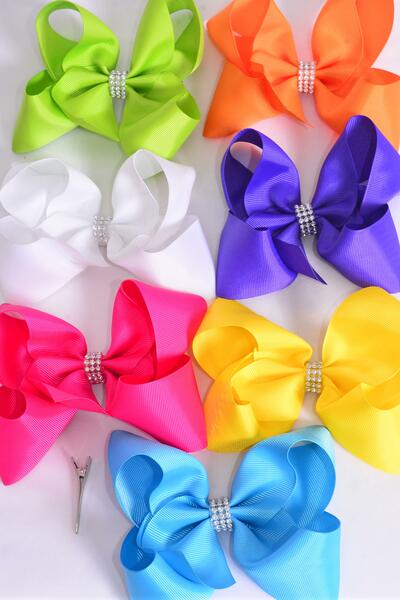 Hair Bow Jumbo Center Clear Stones Citrus Grosgrain Bow-tie / 12 pcs Bow = Dozen   Alligator Clip , Size - 6" x 5" Wide , 2 Fuchsia , 2 Blue , 2 Yellow , 2 Purple , 2 White , 1 Lime , 1 Orange Color Asst , Clip Strip & UPC Cod