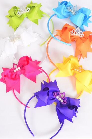 Headband Horseshoe Jumbo Tiara Pearl Double Layered Grosgrain Bow-tie Citrus / 12 pcs = Dozen Bow Size - 6" x 5", 2 White , 2 Fuchsia , 2 Purple , 2 Blue , 2 Yellow , 1 Lime , 1 Orange Color Asst , Hang Tag & UPC Code , W Clear Box