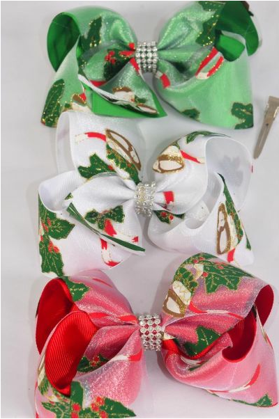 Hair Bow Jumbo Christmas Double Layered Chiffon Gift Box Grosgrain Bow-tie / 12 pcs Bow = Dozen Christmas , Alligator Clip , Size - 6" x 5" Wide , 4 of each Pattern Asst , Clip Strip & UPC Code