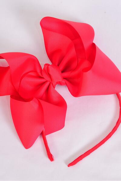 Headband Horseshoe Jumbo Grosgrain Bow-tie Red / 12 pcs = Dozen Red , Bow Size - 6" x 5" Wide , Hang Tag & UPC Code , Clear Box