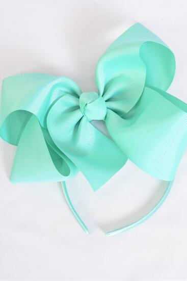 Headband Horseshoe Jumbo Mint Green Grosgrain Bow-tie / 12 pcs = Dozen Mint Green , Bow Size - 6" x 5" Wide , Hang Tag & UPC Code , Clear Box