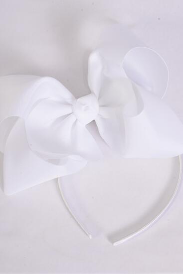 Headband Horseshoe Jumbo White Grosgrain Bow-tie / 12 pcs = Dozen  White , Bow Size - 6" x 5" Wide , Hang Tag & UPC Code , Clear Box