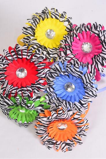 Headband Horseshoe Daisy Flower Zebra Print Multi / 12 pcs =Dozen Flower - 5" Wide , 2 Blue , 2 Yellow , 2 Red , 2 Fuchsia , 2 Orange , 2 Green Color Asst , Hang Tag & UPC Code , W Clear Box