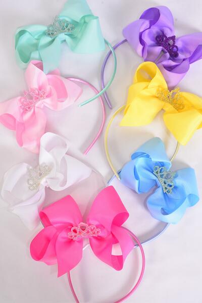 Headband Horseshoe Jumbo Tiara Grosgrain Bow-tie Pastel / 12 pcs = Dozen Bow Size - 6" x 5" , 2 White , 2 Pink , 2 Yellow , 2 Lavender , 2 Blue , 1 Hot Pink , 1 Mint Green Color Mix , Display Card & UPC Code , Clear Box