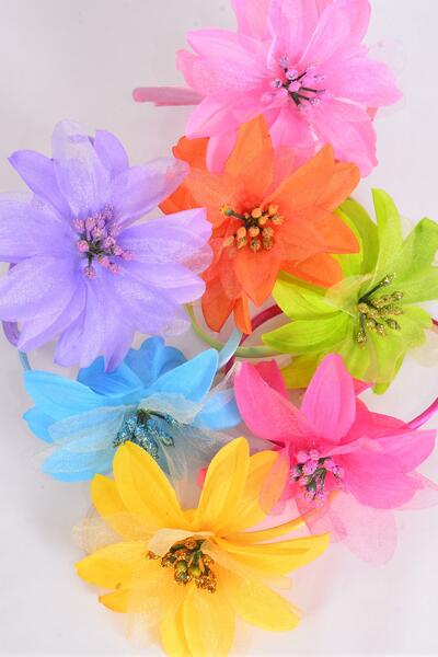 Headband Horseshoe Silk Flower Satin Chiffon Layered Pastel / 12 pcs = Dozen Flower - 5" Wide , 2 Pink , 2 Blue , 2 Orange , 2 Yellow , 2 Lime , 1 Lavender , 1 Hot Pink Mix , Hang Tag & UPC Code , Clear Box