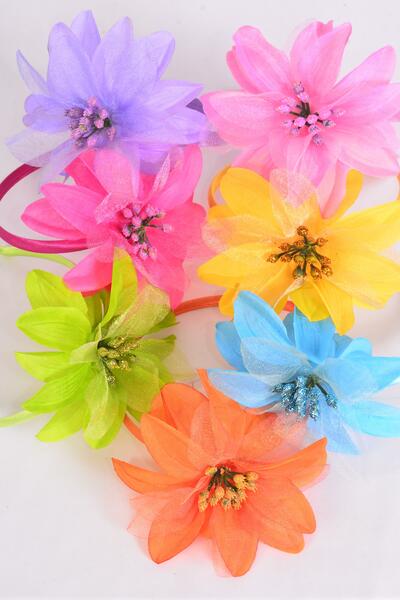 Headband Horseshoe Silk Flower Satin Chiffon Layered Pastel / 12 pcs = Dozen Flower - 5" Wide , 2 Pink , 2 Blue , 2 Orange , 2 Yellow , 2 Lime , 1 Lavender , 1 Hot Pink Mix , Hang Tag & UPC Code , Clear Box