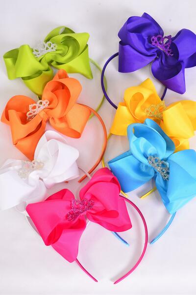 Headband Horseshoe Tiara Double Layered Grosgrain Bow-tie Citrus / 12 pcs = Dozen Bow Size - 6" x 5" , 2 White , 2 Fuchsia , 2 Purple , 2 Blue , 2 Yellow , 1 Lime , 1 Orange Color Asst , Hang Tag & UPC Code , W Clear Box