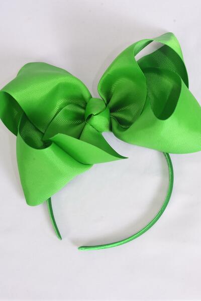 Headband Horseshoe Jumbo Grosgrain Bow-tie Green / 12 pcs = Dozen  Green , Bow Size - 6" x 5" Wide , Hang Tag & UPC Code , Clear Box