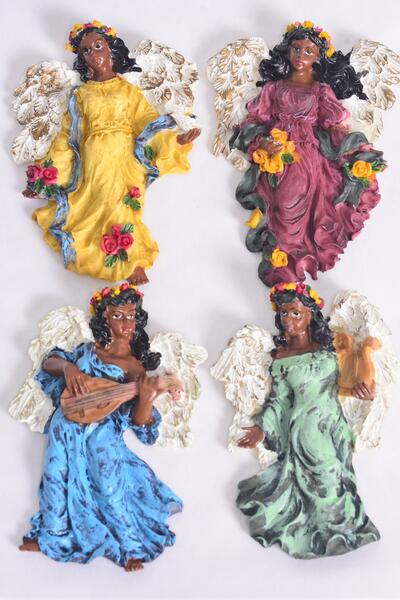 Figurine Angel Magnet Black Angel Color Dress / 12 pcs Angel = Dozen Angel , Size - 2.75" x 4" Wide , 3 Of Each Pattern Asst , Disply Box