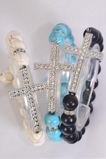 Bracelet Sideways Cross Stretch 10 mm Semiprecious Stone / 12 pcs = Dozen Stretch , Cross - 1.5" x 1" Wide , 4 Black , 4 Ivory , 4 Turquoise Asst , Hang Tag & OPP Bag & UPC Code