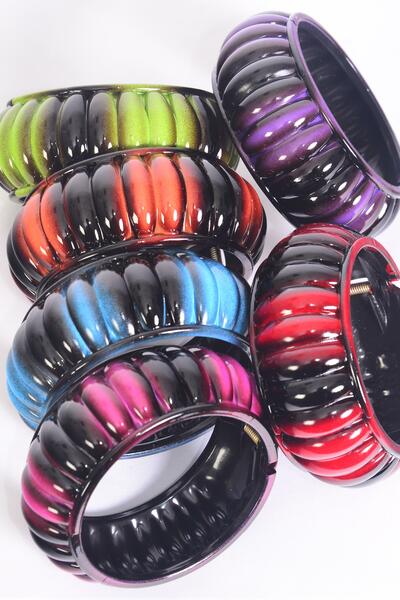 Bracelet Bangle Hinge Acrylic 2 tone Multi / 12 pcs = Dozen Multi , Size - 2.75" x 1.25" Dia Wide , 2 of each Pattern Asst , Hang Tag & Opp Bag & UPC Code 