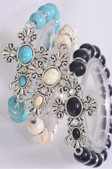 Bracelet Sideways Cross Stretch 10 mm Semiprecious Stone / 12 pcs = Dozen  match 02586 , 75025 Stretch , Cross - 1.75" x 1.25" Wide , 4 Black , 4 Ivory , 4 Turquoise Asst , Hang Tag & OPP Bag & UPC Code