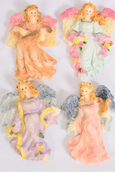 Figurine Angel Magnet White Angel Pastel Dress / 12 pcs Angel = Dozen Angel , Size - 2.75" x 4" Wide , 3 Of Each Pattern Asst , Disply Box